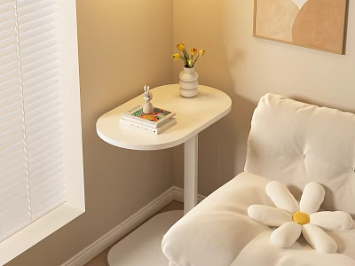 White Round Side Table With Yellow Flowers Books Vase And Daisy Cushion In Cozy Corner 3d model