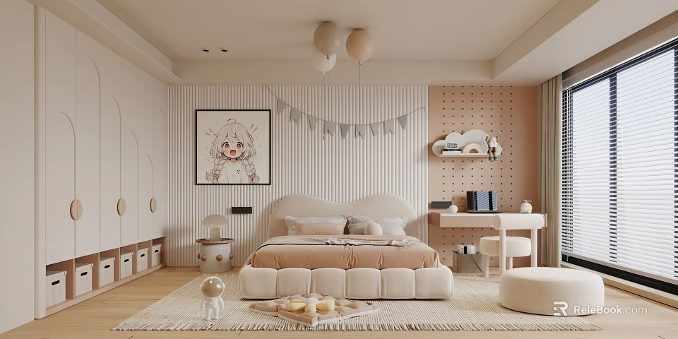 Cozy Kids Bedroom With Cartoon Painting Striped Wall Perforated Panel Sphere Pendant Lights And Desk 3d model 