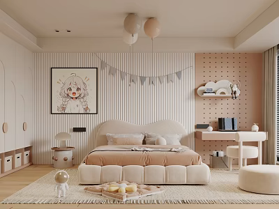 Cozy Kids Bedroom With Cartoon Painting Striped Wall Perforated Panel Sphere Pendant Lights And Desk 3d model