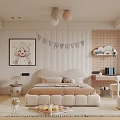 Cozy Kids Bedroom With Cartoon Painting Striped Wall Perforated Panel Sphere Pendant Lights And Desk