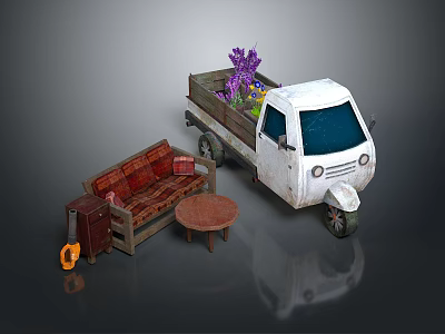 Furniture Set Including Vintage Sofa Coffee Table Cabinet And Tricycle With Purple Flowers 3d model
