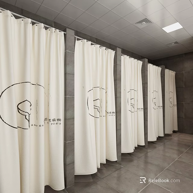 SPA Sauna Changing Cubicles With White Curtains And Gray Walls 3d model 