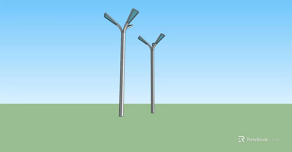 Modern Outdoor Street Lights With Metal Pole And Double Light Arms In Outdoor Setting 3d model 