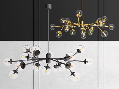 Modern Chandelier With Branched Metal Structure Glass Globe Shades And Black Gold Accents 3d model