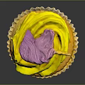 Appetizing Cupcake With Yellow Frosting And Purple Decoration On Ruffled Paper Liner