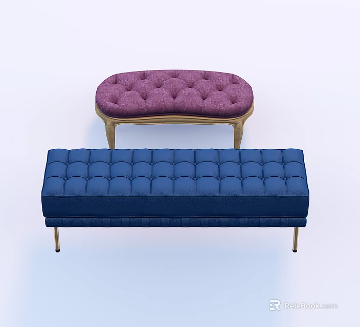 Purple Oval and Blue Rectangular Sofa Stools With Tufted Upholstery And Metal Legs 3d model