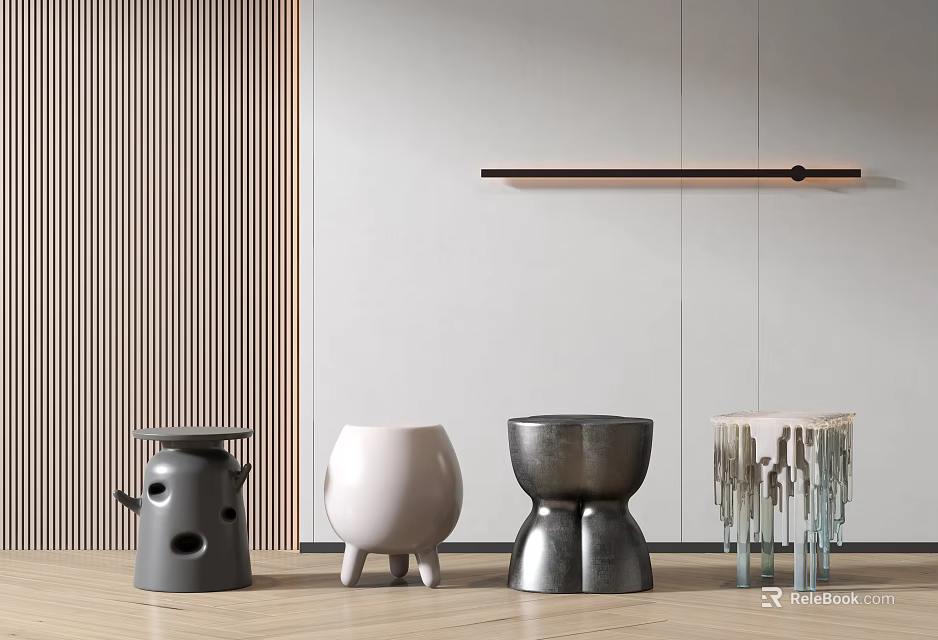Modern Diverse Designed Stools in Contemporary Interior with Striped Wall and Ceiling Light 3d model