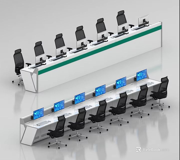 Modern Control Room Office Desks With White Green Stripe Surface Black Chairs And Multiple Monitors 3d model 