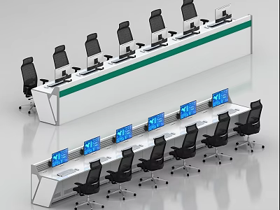 Modern Control Room Office Desks With White Green Stripe Surface Black Chairs And Multiple Monitors 3d model