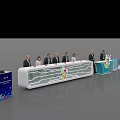 Launch Device With White Counter People Standing Blue Platform And Colorful Graphics