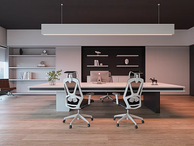 Modern Office Interior With Ergonomic Chairs Long Desk Computers Decorative Shelves And Pendant Light 3d model