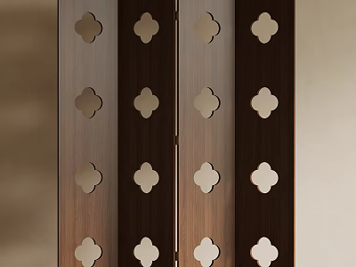 Wooden Room Divider With Clover Shaped Carved Patterns And Different Wood Tones 3d model