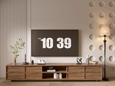 Wooden TV Stand with Decorative Items Wall Mounted TV Floor Lamp and Circular Wall Decor 3d model