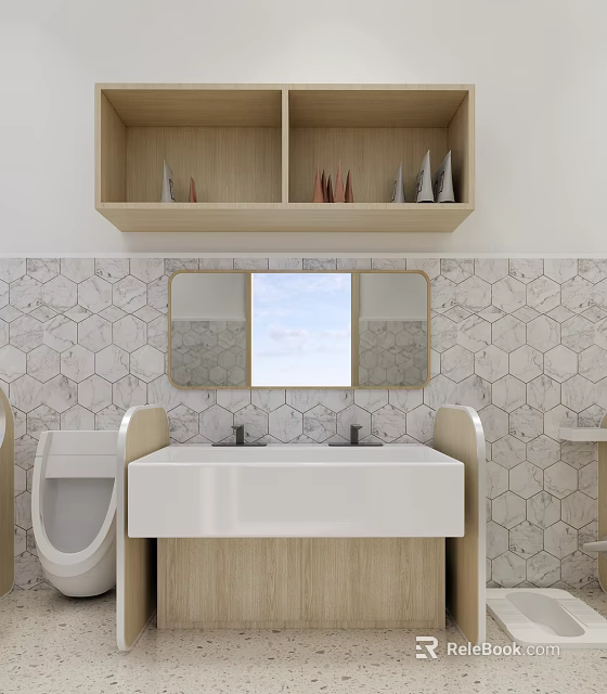 Kindergarten Bathroom Interior With Wooden Shelves Hexagonal Tile Wall Double Sink Vanity And Mirror 3d model 