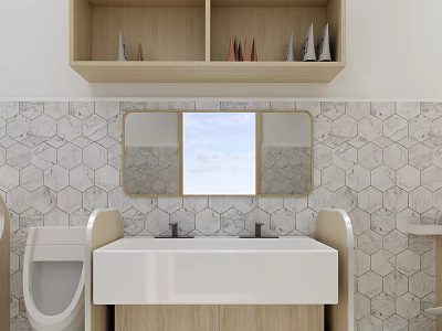 Kindergarten Bathroom Interior With Wooden Shelves Hexagonal Tile Wall Double Sink Vanity And Mirror 3d model