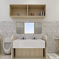 Kindergarten Bathroom Interior With Wooden Shelves Hexagonal Tile Wall Double Sink Vanity And Mirror