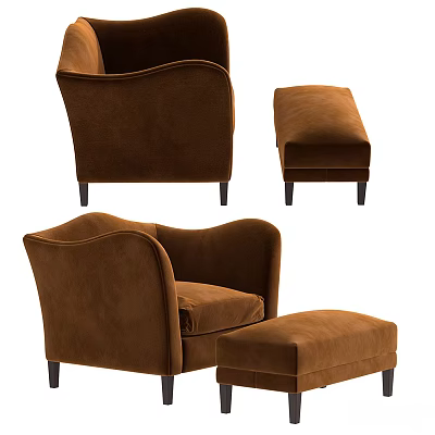 Brown Velvet Ottoman With Armchair And Black Wooden Legs For Living Room 3d model