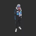 Game And Movie Character With White Hair Red Mask Blue Fur Collar Jacket Black Pants