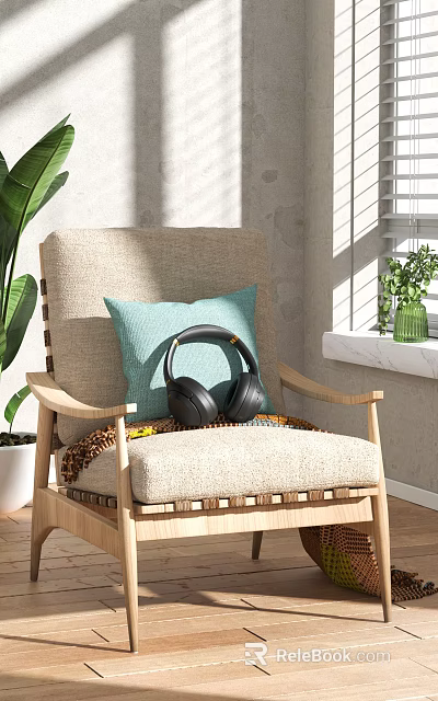 Linen Armchair with Turquoise Cushion Black Headphones and Green Plants Near Window 3d model 
