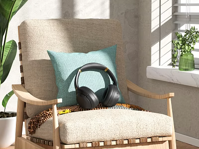 Linen Armchair with Turquoise Cushion Black Headphones and Green Plants Near Window 3d model
