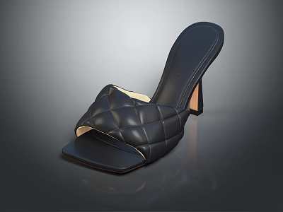 Black Quilted High Heel Sandals with Square Toe and Slim Heel Design 3d model