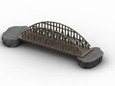 Detailed Wooden Arch Bridge Model Featuring Intricate Structure And Stone Bases 3d model