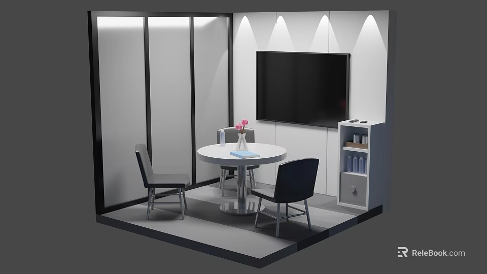 Modern Public Office Space With Round Table Chairs TV Screen Shelf And Flower Vase 3d model 