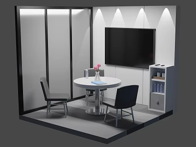 Modern Public Office Space With Round Table Chairs TV Screen Shelf And Flower Vase 3d model