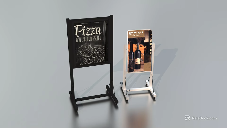 Black White Decorative Display Stand Set With Chalkboard Menu And Wine Bottle Poster 3d model 
