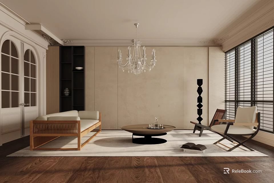 Modern Living Room With Beige Walls Wooden Flooring Crystal Chandelier Sofa Coffee Table And Armchairs 3d model 