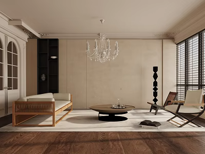 Modern Living Room With Beige Walls Wooden Flooring Crystal Chandelier Sofa Coffee Table And Armchairs 3d model