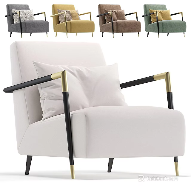 Modern White Accent Chair With Black Gold Armrests Pillow And Various Color Options 3d model 