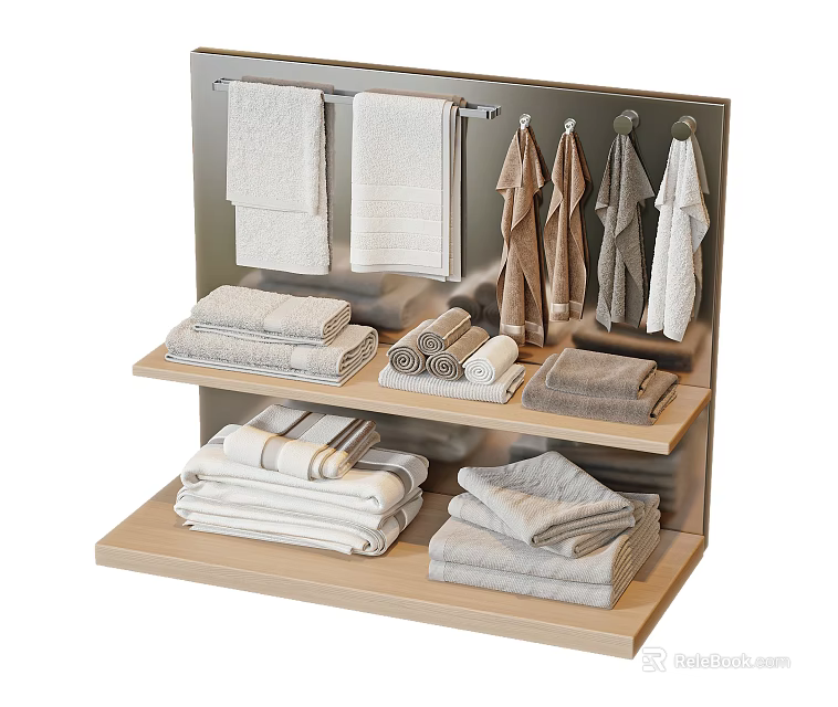 Neat Display Shelf With Folded And Hanging Towels In Gray White Tones 3d model 