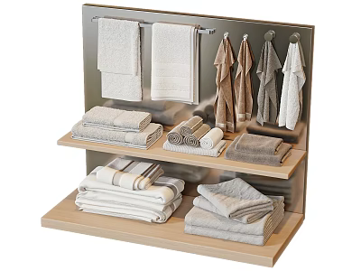 Neat Display Shelf With Folded And Hanging Towels In Gray White Tones 3d model