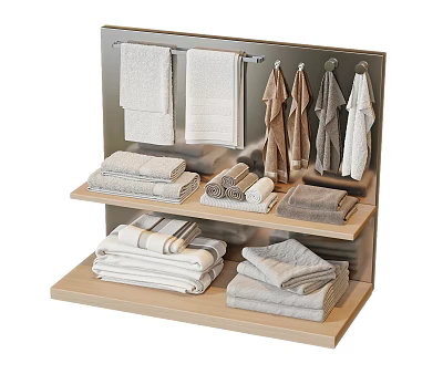 Neat Display Shelf With Folded And Hanging Towels In Gray White Tones 3d model
