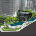 Modern Urban Landscape Design With High Rise Buildings Greenery And Water Features