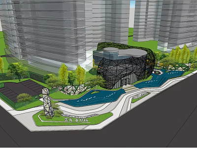 Modern Urban Landscape Design With High Rise Buildings Greenery And Water Features 3d model