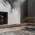 Leisure Chair With Metal Frame And Wooden Seat In Modern Interior With Fireplace And Decorative Wall