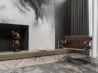 Leisure Chair With Metal Frame And Wooden Seat In Modern Interior With Fireplace And Decorative Wall 3d model