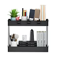 Black Two Tier Desktop Storage Shelf Organizing Stationery Books And Potted Plant