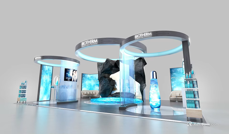 Northern Brand Store Interior With Curved Structures Blue Lighting And Display Bottles 3d model 