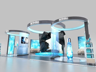 Northern Brand Store Interior With Curved Structures Blue Lighting And Display Bottles 3d model