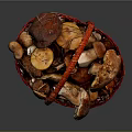 Red Woven Basket Filled With Fresh Assorted Mushrooms On Dark Background
