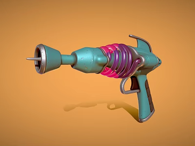 Sci Fi Futuristic Gun With Teal Pink Spiral Silver Muzzle Brown Grip And Orange Background 3d model