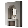 Modern Bathroom Vanity With Stone Countertop And Oval Mirror In Arched Niche Design
