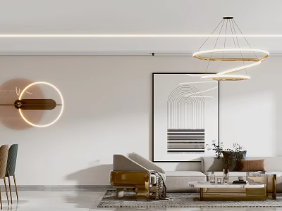 Modern Living and Dining Room Interior With Circular Chandelier Wall Light Sofa and Coffee Table 3d model