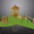 Wooden Children's Playground Structure With Tower Platform Swing And Green Posts