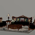 Classic Leather Sofa And Wooden Coffee Table Set With Carved Details Accent Pillows And Lamps