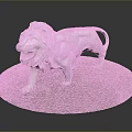 White Lion Stone Statue Standing On Circular Red Gravel Textured Base
