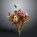 Dried Flowers Bouquet With Various Pink Orange Purple Withered Petals On Dark Background
